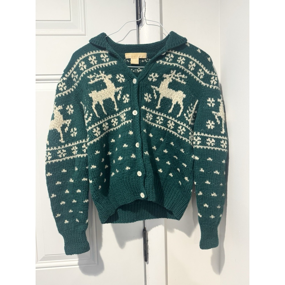 Vintage Brooks Brothers Women's Green Hand Knit Wool Deer Cardigan Christmas M